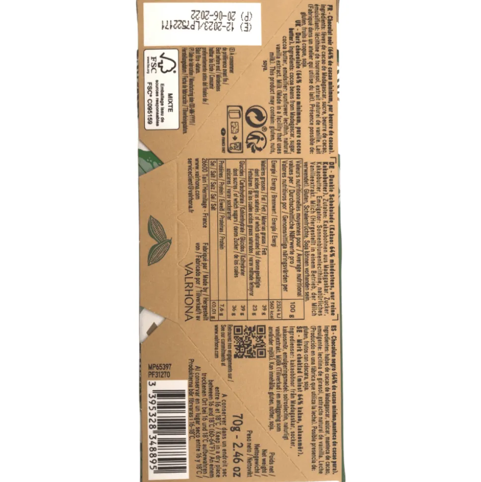 Valrhona Manjari 64% Dark Chocolate Bar 70g