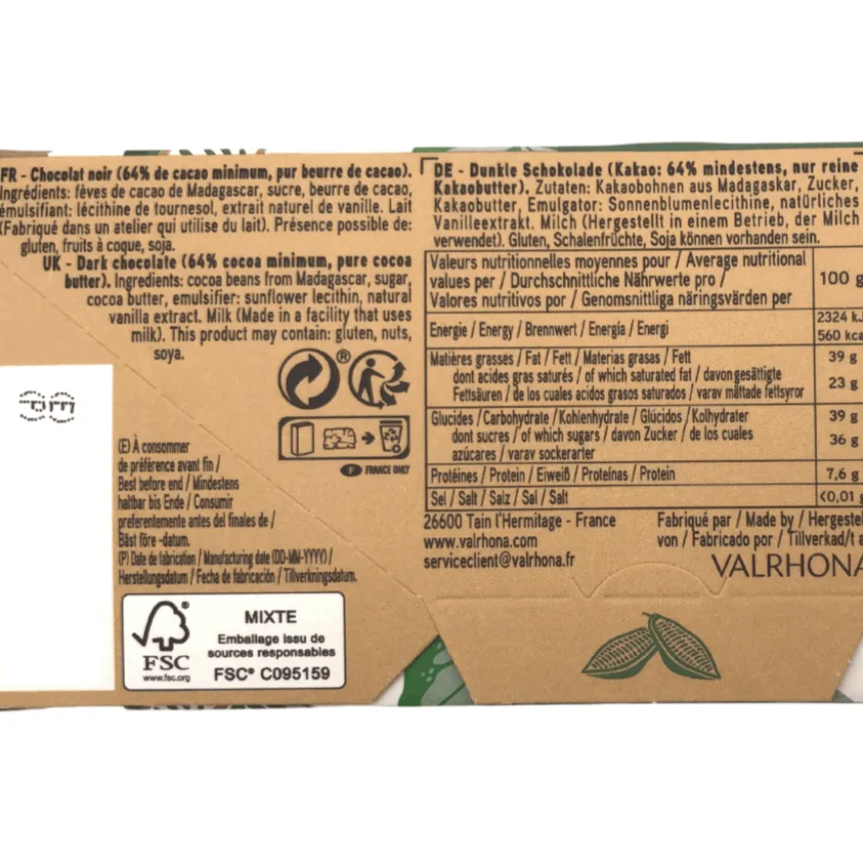 Valrhona Manjari 64% Dark Chocolate Bar 70g